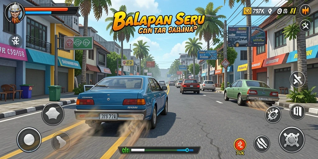 Screenshot tampilan balapan seru di 797K dengan mobil kustom dan lintasan menarik.