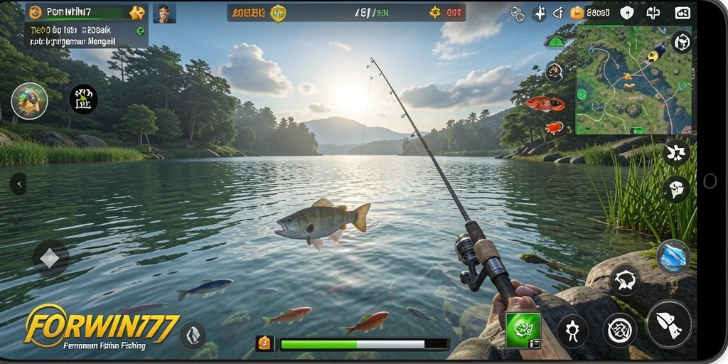 Screenshot gameplay FORWIN77 menampilkan aksi memancing yang seru dan grafis yang menarik.