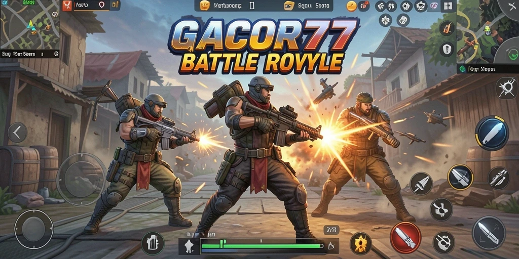 Screenshot GACOR77 menampilkan aksi pertempuran Battle Royale yang mendebarkan.