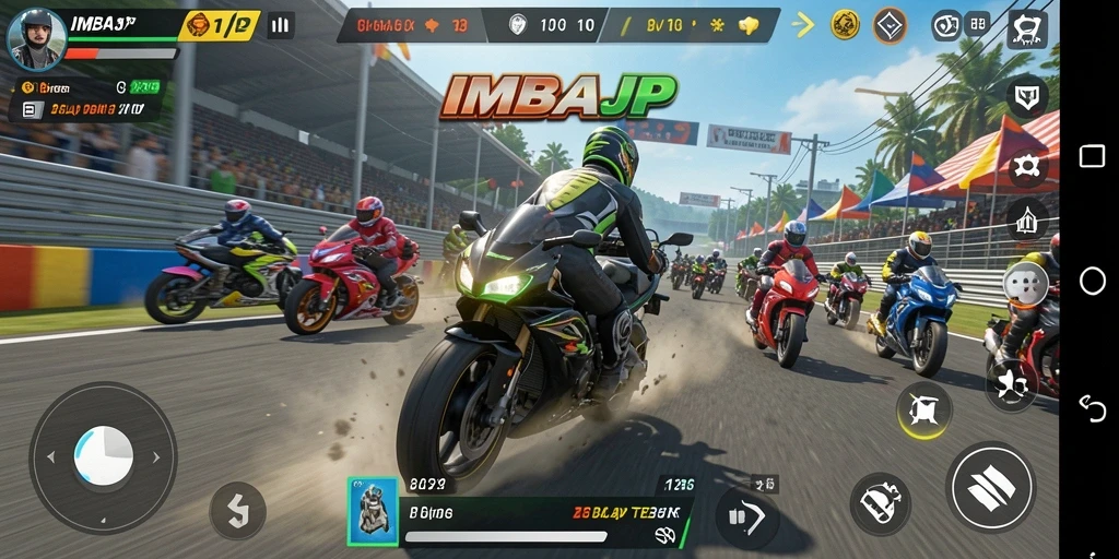 Screenshot gameplay IMBAJP yang menampilkan balapan motor yang intens.