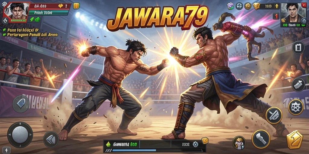 Tampilan seru dari pertarungan karakter JAWARA79 di arena.
