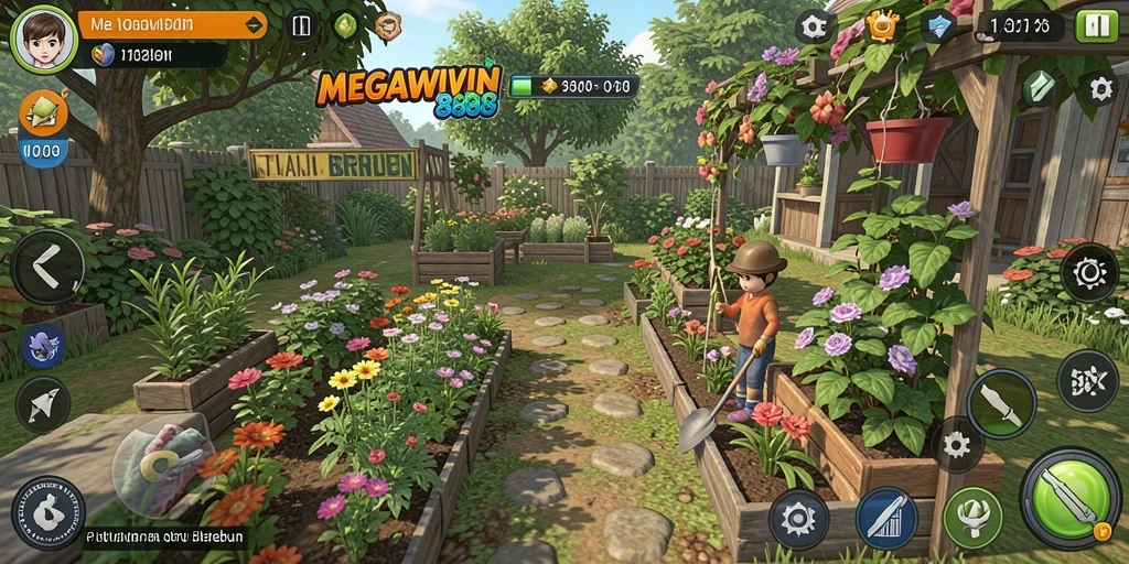 Tampilan gameplay <strong>MEGAWIN888</strong> yang menarik dalam berkebun.