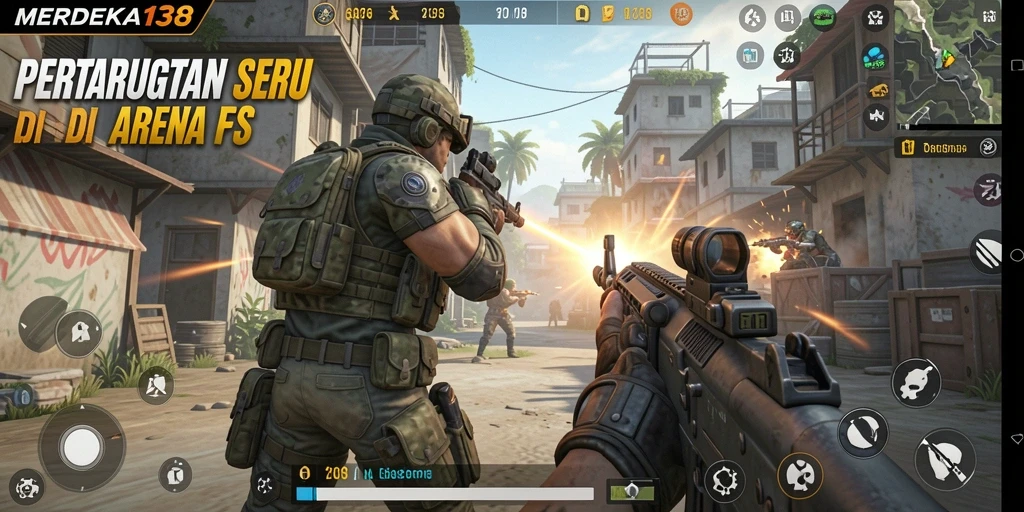 Screenshot menunjukkan aksi intens dalam gameplay FPS MERDEKA138.
