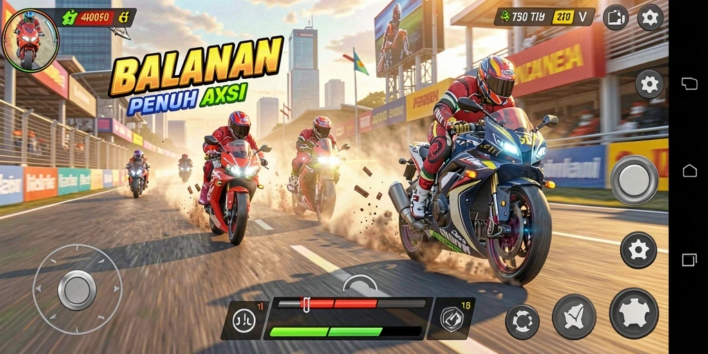 Screenshot T6 menunjukkan aksi balapan motor yang mendebarkan.